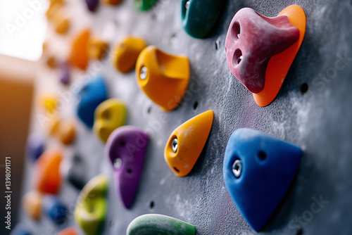 Climbing Holds on Textured Wall: A close-up showcases vibrant climbing holds affixed to a textured wall, presenting a captivating study of texture and color in an indoor climbing environment.