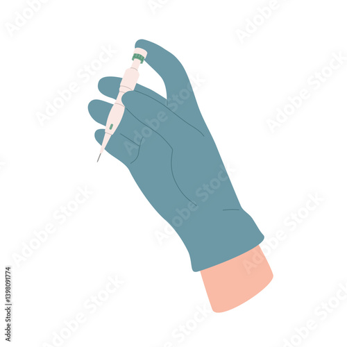 Vector hand in gloves holding CHOI pen for DHI hair transplant technique. Instrument for method of transplantation hair follicles to baldness head. Medical implanter against hair loss