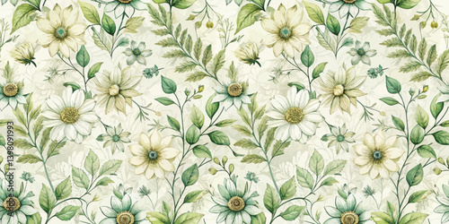 Delicate floral pattern with soft greens and cream flowers, creating a serene ambiance.