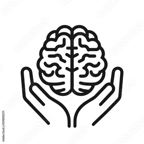 Minimalistic illustration of a brain held by hands in black and white line art style with intricate details