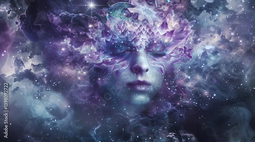 A cosmic queen ruling from a crystalline throne, stars orbiting her fingertips, cinematic celestial monarch