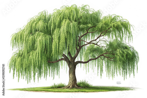 Lush green willow tree isolated on white background. A lush green willow tree with long hanging branches, isolated on a white background, representing nature s beauty photo