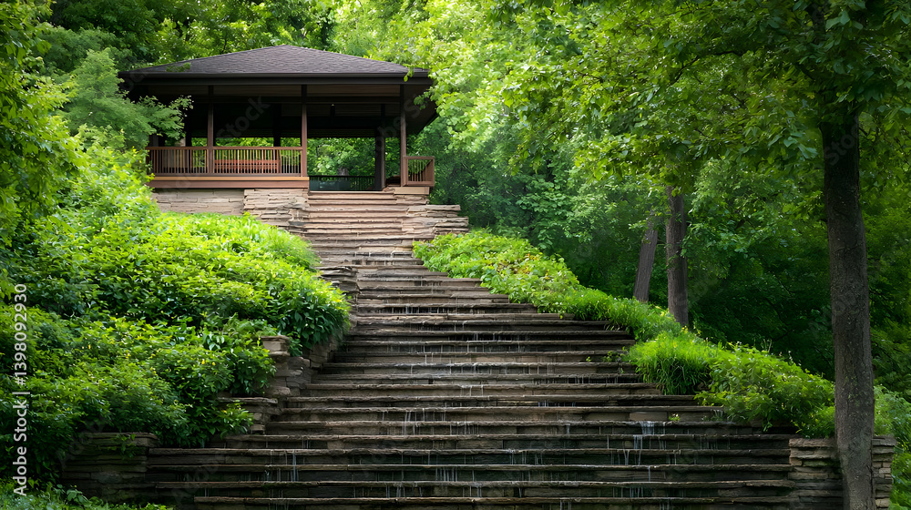 Water Feature Steps Leading To Wooden Pavilion In Lush Garden Water Feature Steps Leading To Wooden Pavilion In Lush Garden