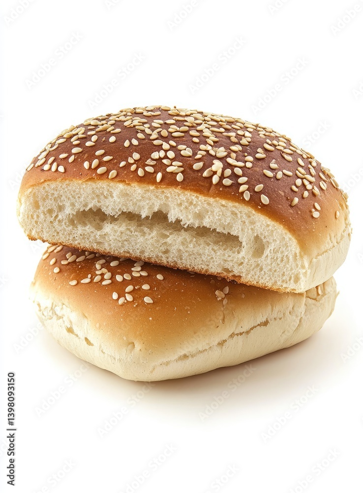 Sesame seed bun, sliced open, showing inside Sesame seed bun, sliced open, showing inside