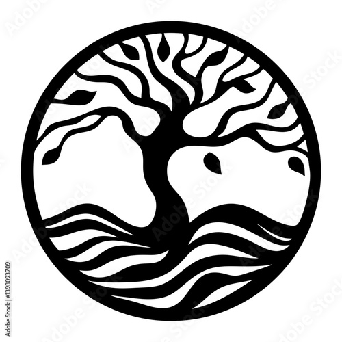 Circular Tree of Life Symbol with Wavy Base Design Representing Nature Balance and Harmony