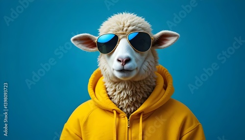 Eid Al Adha Greeting Card Stylish Sheep in Sunglasses & Yellow Hoodie | Trendy Ramadan Concept Background