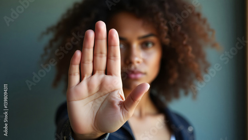 A woman's hand outstretched in a gesture of refusal or halt, a display of strong determination. Her expression is serious, indicating a clear boundary