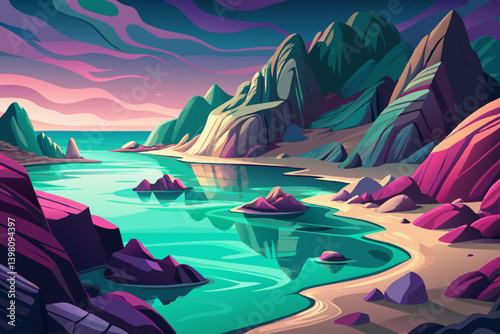 Mystical shoreline landscape with eggplant rock and glowing water reflections, calm coastal inlet surrounded