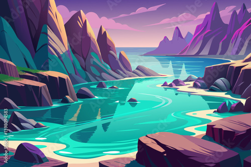 Mystical shoreline landscape with eggplant rock and glowing water reflections, calm coastal inlet surrounded