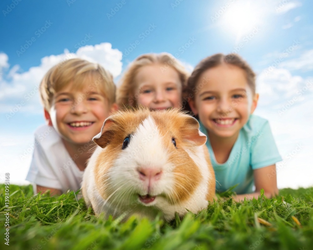 A group of children happily posing with a guinea pig on a sunny day in a grassy field. A group of children happily posing with a guinea pig on a sunny day in a grassy field.