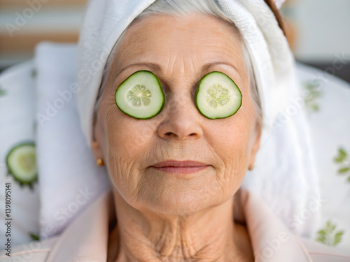 senior woman enjoying wellness routine with cucumber slices on her eyes, promoting relaxed and healthy lifestyle.elderly