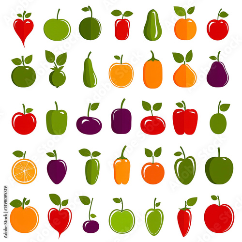 colorful assortment of stylized fruits and vegetables, including apples, pears, peppers, and oranges, arranged in grid pattern. vibrant colors and simple shapes create playful and artistic design