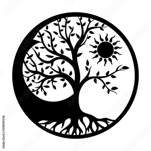 Yin Yang Tree of Life Symbol Black and White Design Illustration