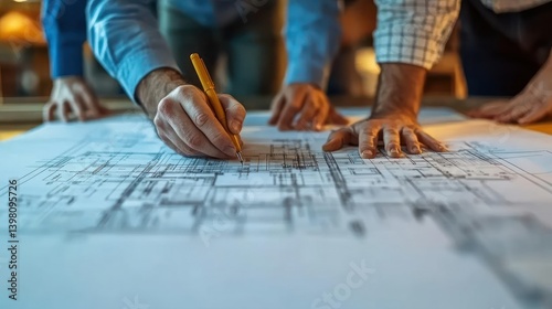 Team meticulously reviewing blueprints