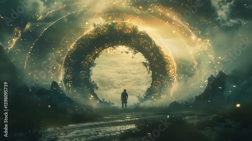 A mystic traveler stepping through an ancient portal, entering a world where time flows in reverse, cinematic supernatural time paradox