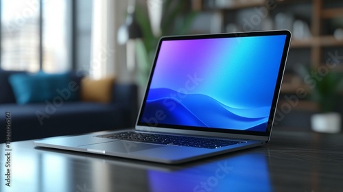 Modern laptop with vibrant screen display in a stylish home office.