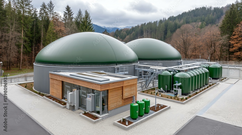 Clean energy production field with modern biogas tanks, methane converters, and eco fuel containers in organized setup