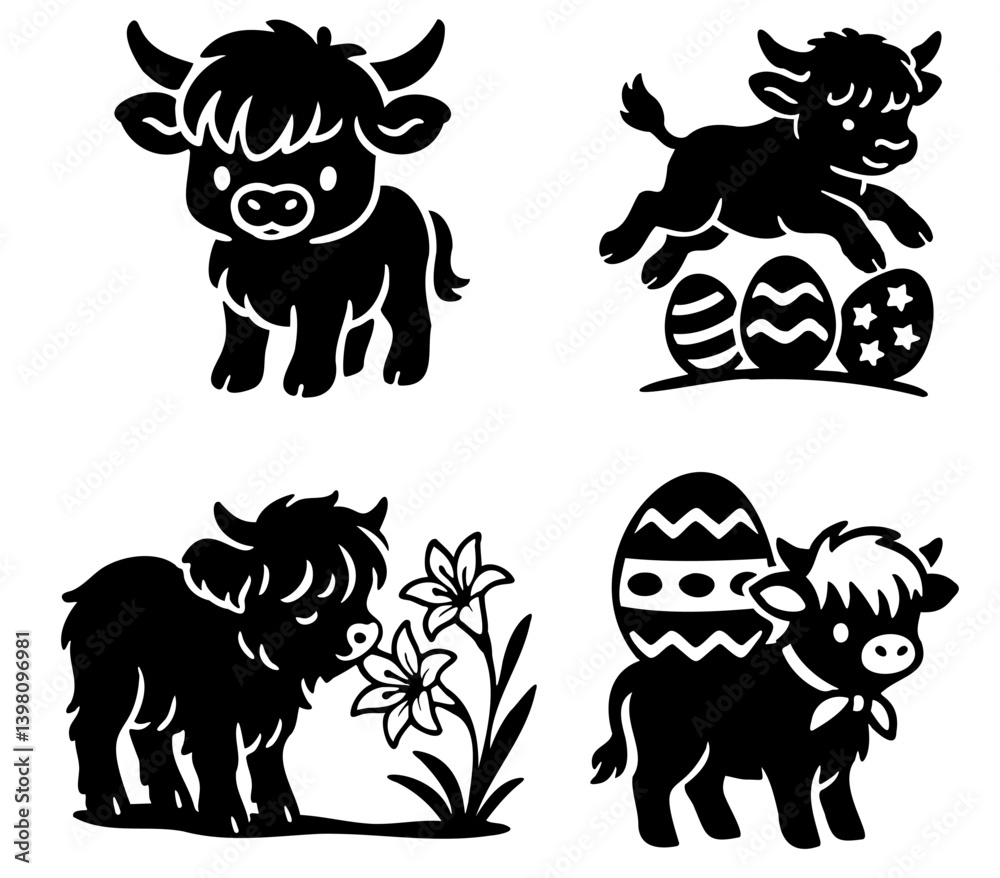 Naklejka premium Cute illustrated calves in various playful poses with Easter elements.