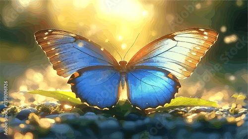 Majestic blue morpho butterfly with open wings basking in golden sunlight, showcasing its vibrant blue and brown patterns
