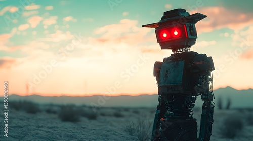 A robot cowboy standing alone on a barren cybernetic desert, scanning the horizon with glowing red eyes, cinematic cyber-western isolation