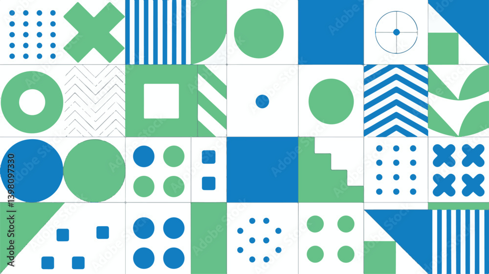 Geometric Pattern Background With Circles Squares And Triangles In Blue And Green Geometric Pattern Background With Circles Squares And Triangles In Blue And Green