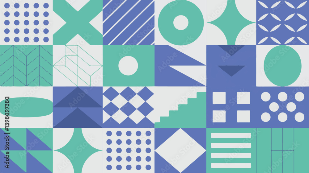 Obraz premium Abstract Geometric Pattern With Circles Squares Triangles And Lines In Pastel Tones