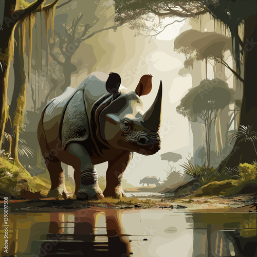 Javan rhino standing near a tranquil jungle stream surrounded by lush greenery and mist