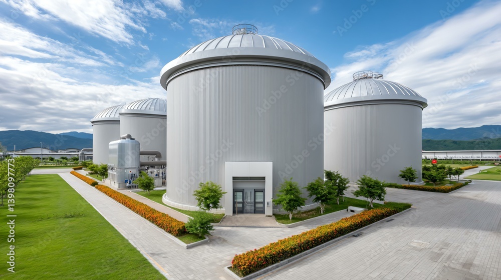 Fototapeta premium Renewable energy site with biogas storage tanks, methane processors, and eco fuel refinement systems, clean environment concept