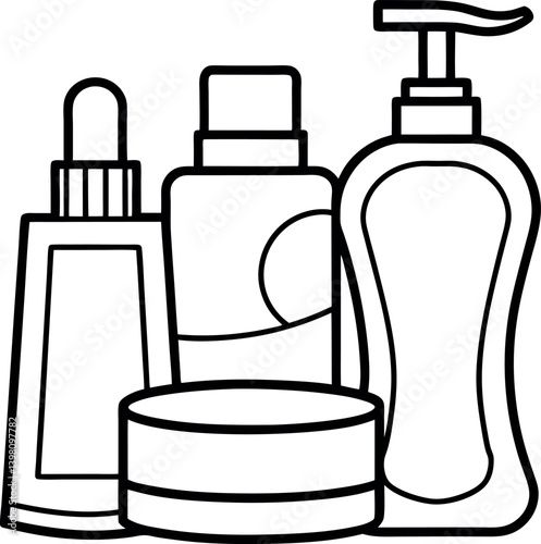 Black outline of lotion bottle, cream jar, shampoo dispenser and spray bottle
