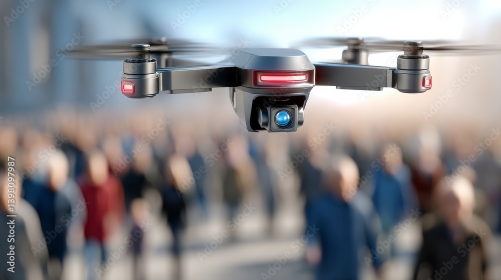 Obraz premium Aerial Drone Flying Over Crowd in Urban Setting with Blurred Background