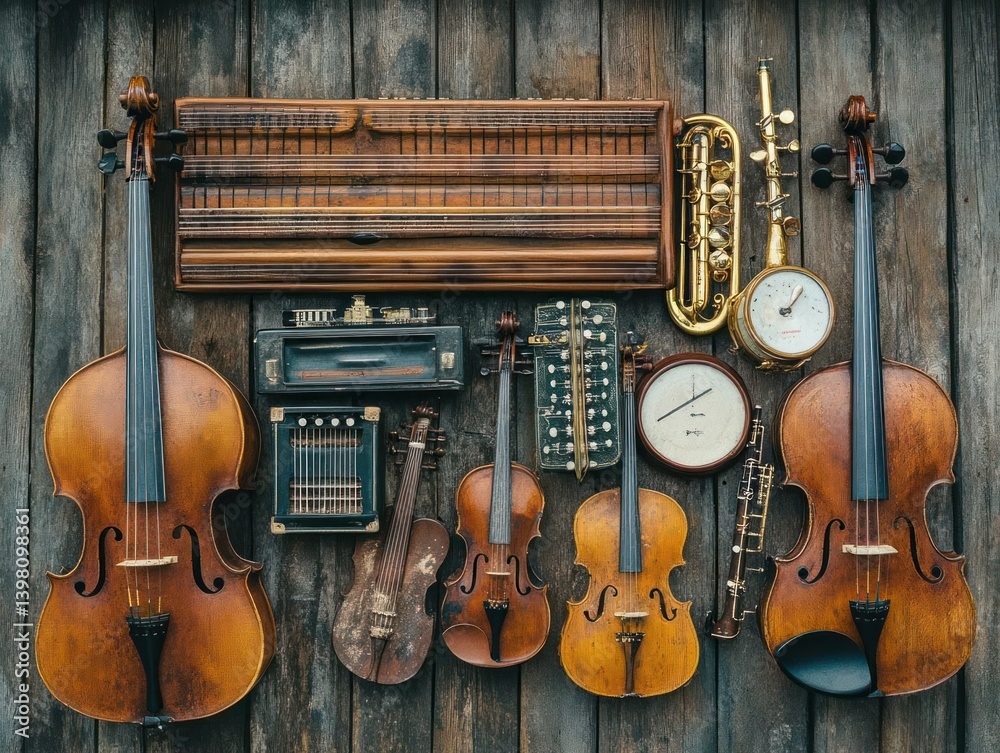 Naklejka premium Vintage string instruments on rustic wooden surface