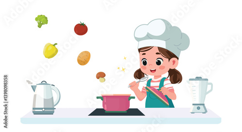 kid girl cartoon is cooking vector illustration flat design