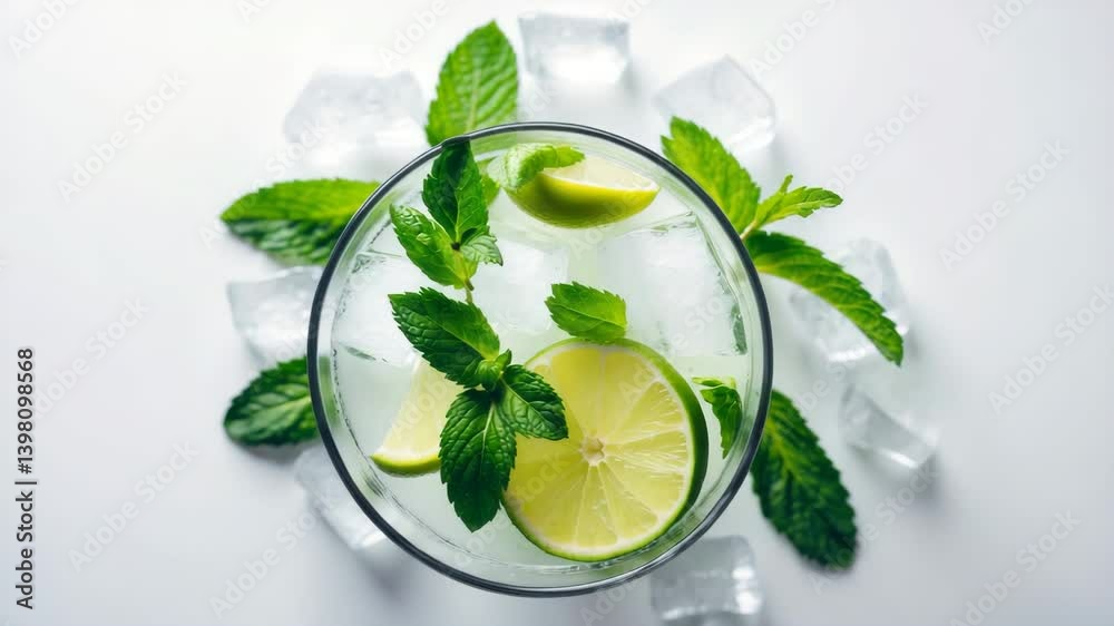 Mojito beverage or soda in a glass featuring lime and mint, set against a white backdrop, seen from above.