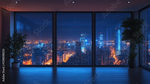 Nighttime view of a city from inside a modern building