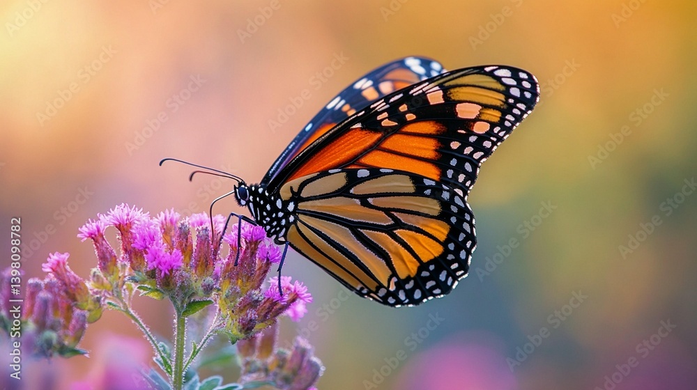 Fototapeta premium Monarch butterfly feeding on purple flower in soft sunlight.