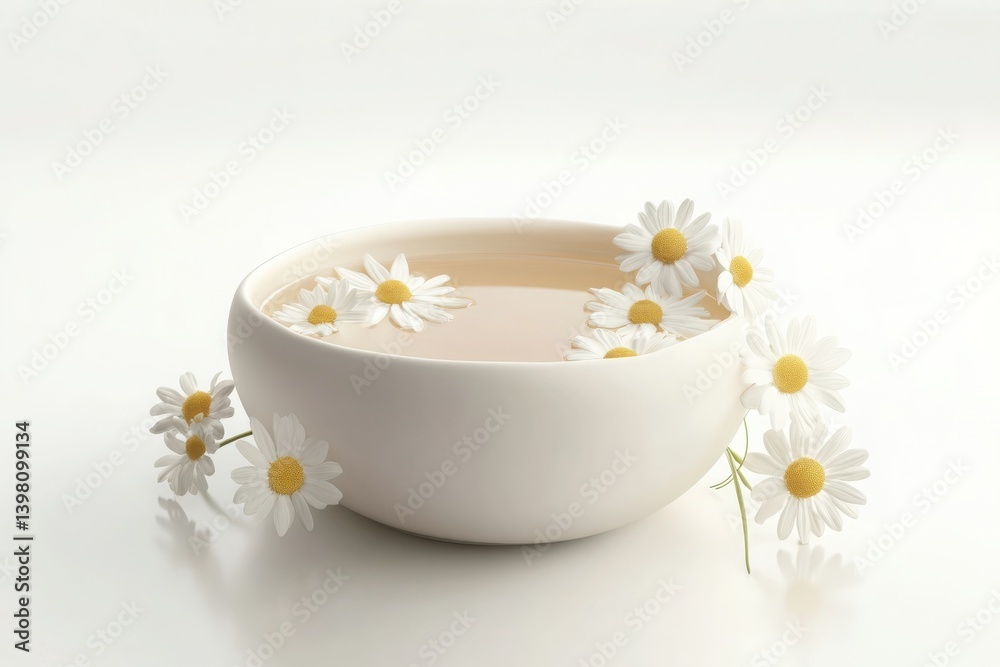 Daisies floating in a white bowl of water on a white surface setting Daisies floating in a white bowl of water on a white surface setting