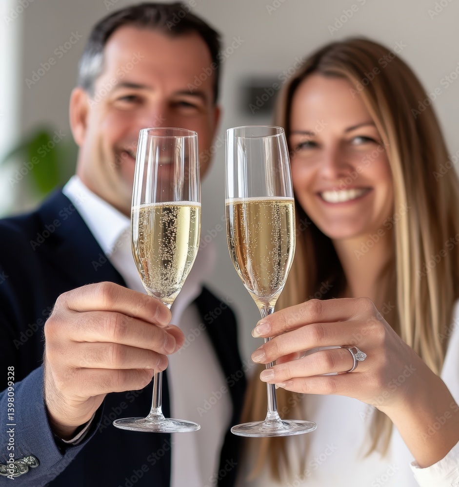 Celebratory Toast: A couple joyfully clinking champagne glasses, toasting a special occasion. Capturing the elegance, anticipation and bond. Celebratory Toast: A couple joyfully clinking champagne glasses, toasting a special occasion. Capturing the elegance, anticipation and bond.