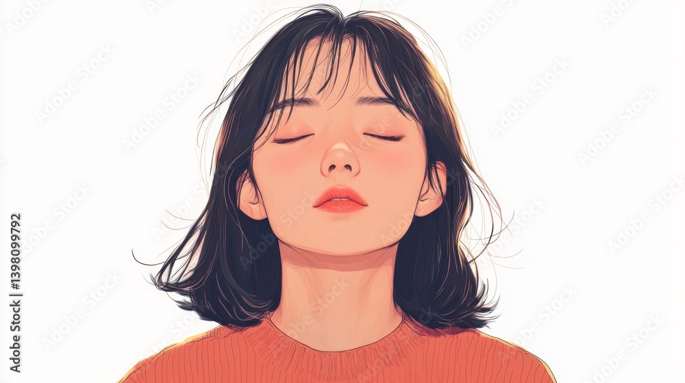 Abstract portrait of a young woman with closed eyes on a light background. Suitable as a background for designs related to meditation, relaxation and inner peace.