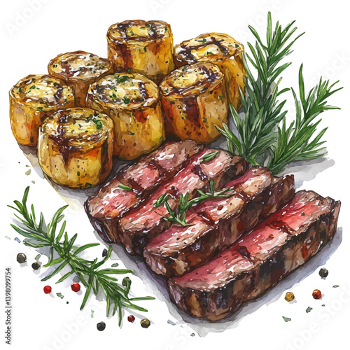 Lomo Saltado, watercolor illustration, isolated on a white background.

