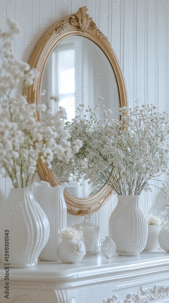 Gold framed mirror and white vases with flowers on a shelf in a bright room. Suitable for topics about decor and style.