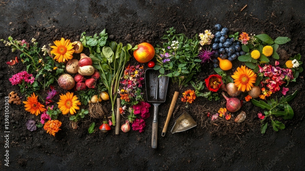 Bright fruits, vegetables and flowers on the ground with gardening tools. Featured in gardening articles, healthy living blogs, and garden product advertisements.