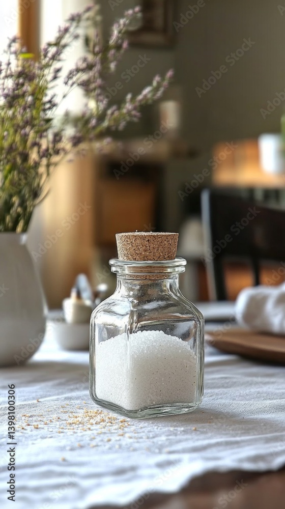 Glass salt jar on table, decorative interior with flowers in background. In cooking blogs, articles about healthy eating, advertising of kitchen utensils.