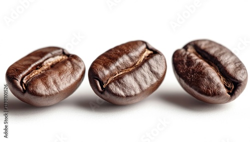 Wallpaper Mural Three roasted coffee beans close-up on white background.  Detailed view of the surface texture and shape of each bean Torontodigital.ca