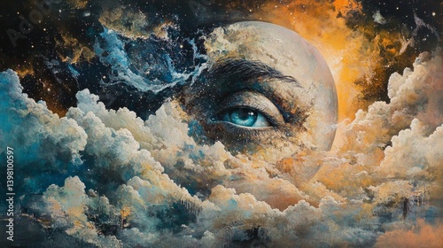 Abstract background with eye and moon on clouds background, surrealistic art with cosmic elements. Suitable for book covers, backgrounds for meditation, creative projects.