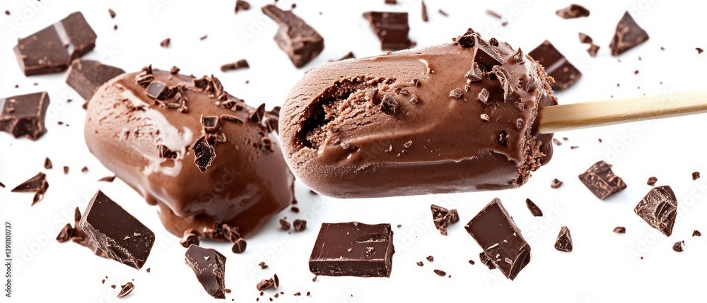 Two chocolate popsicles on a stick with pieces of chocolate around them, one of them is overbitten. Suitable for advertising desserts, cafes, pastry shops, social networks.