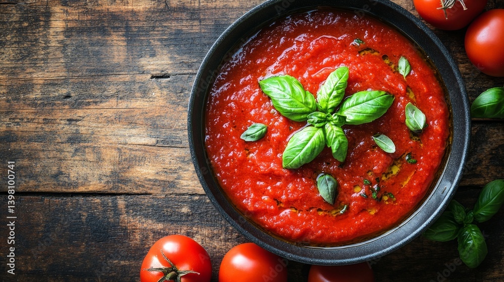 Fresh tomato sauce with basil on a wooden surface. Suitable for cooking blogs, recipes and food advertising.