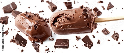 Obraz na płótnie Two chocolate popsicles on a stick with pieces of chocolate around them, one of them is overbitten. Suitable for advertising desserts, cafes, pastry shops, social networks. w salonie