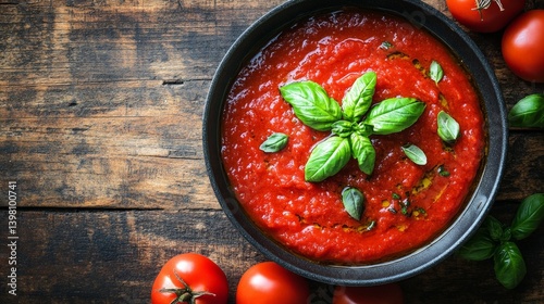Obraz na płótnie Fresh tomato sauce with basil on a wooden surface. Suitable for cooking blogs, recipes and food advertising. w salonie