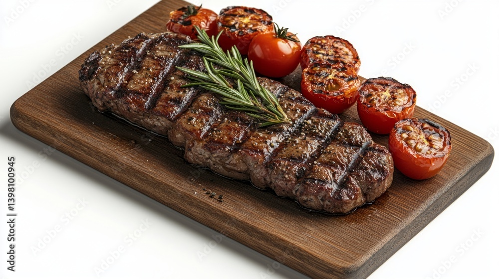 Juicy steak with grilled vegetables and rosemary on a wooden plank, ready to serve. Perfect for restaurant menus, cooking blogs, meat product advertising.