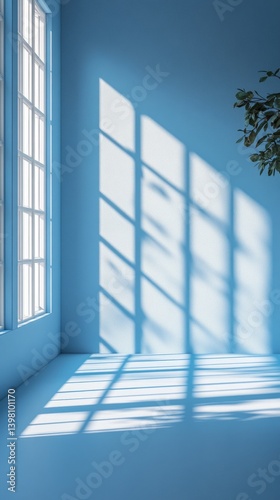 Minimalistic interior with blue walls and window shadows, background for interior design, presentations about space.
